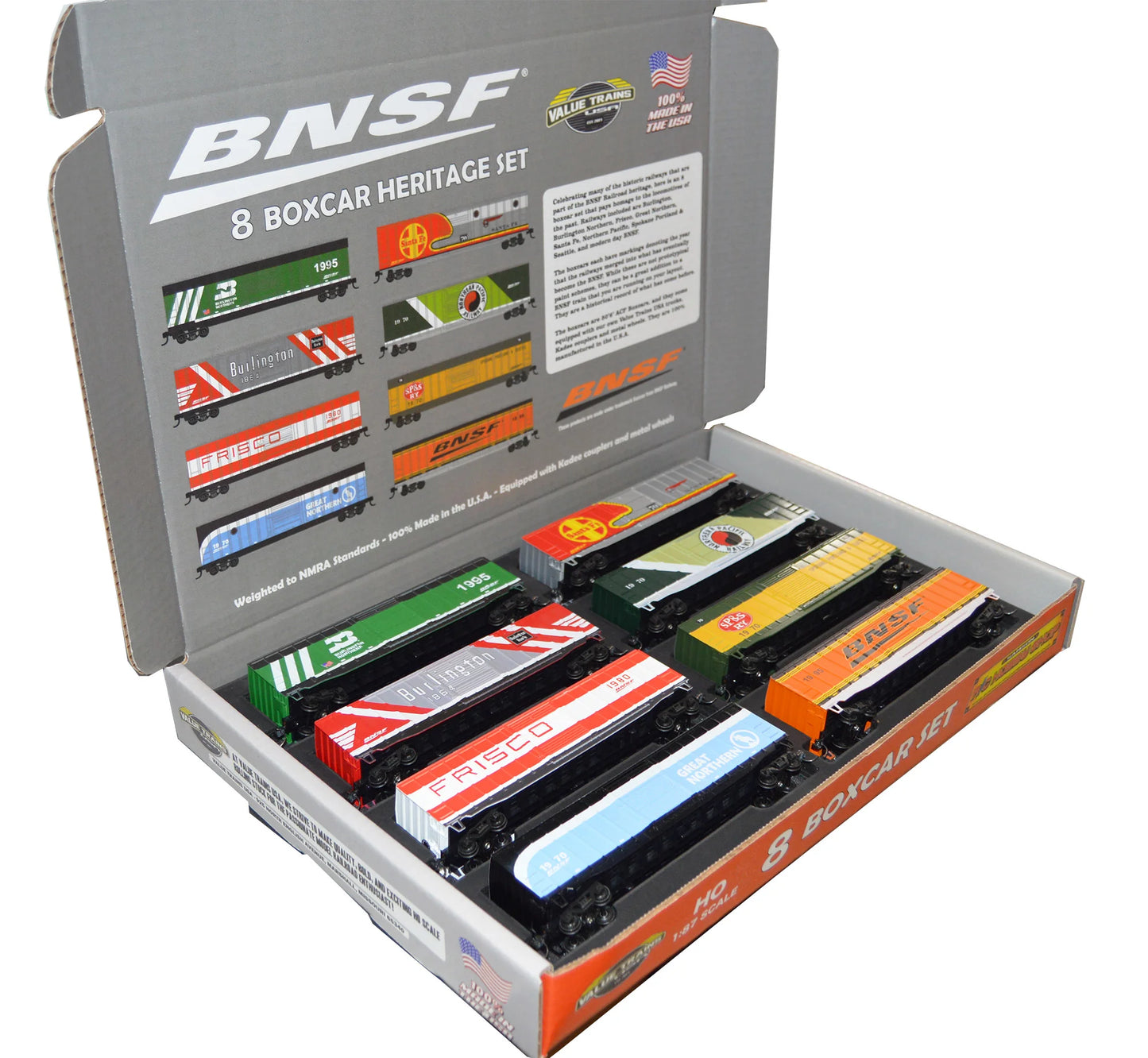 Value Trains Kadee Equipped ACF 50' 6" Boxcar Heritage Collectors Edition Set (10205) | BNSF 8 Car Heritage Set | HO Scale