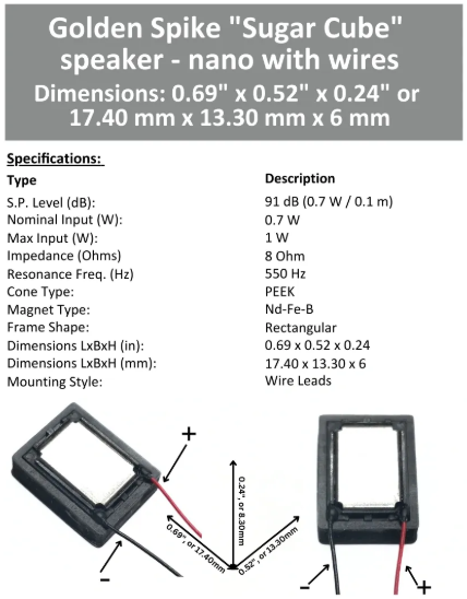 Golden Spike Sugar Cube Speaker "Nano" with Wires 8 Ohm