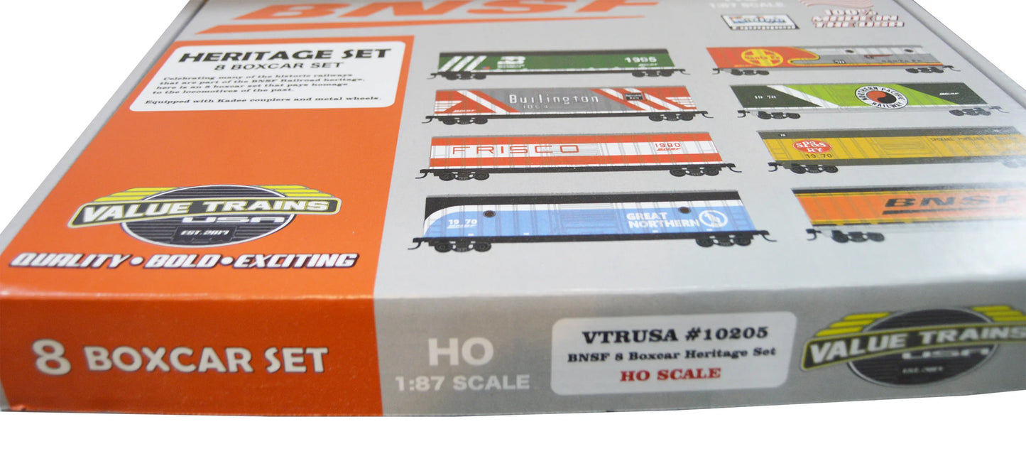 Value Trains Kadee Equipped ACF 50' 6" Boxcar Heritage Collectors Edition Set (10205) | BNSF 8 Car Heritage Set | HO Scale