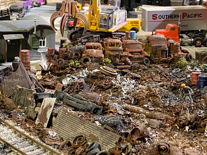 Sierra Valley Wasted Acres Mini Diorama with 4 Trucks, Tires, Barrels & Scrap HO Scale