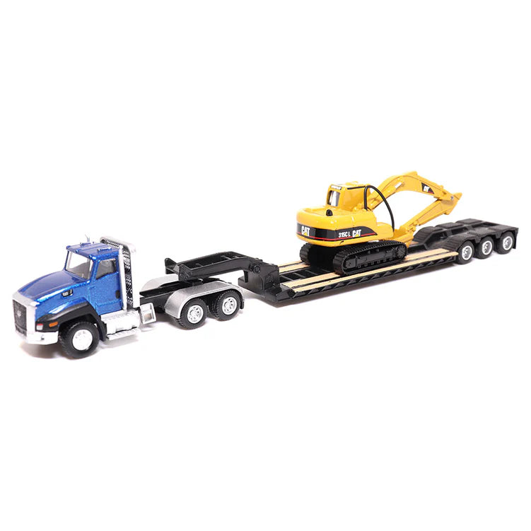 Diecast Masters (84410A) | CAT Semi Tractor w/ Lowboy Trailer and CAT Diecast Machines Assortment - Pkg of 4 | HO Scale