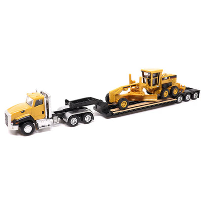 Diecast Masters (84410A) | CAT Semi Tractor w/ Lowboy Trailer and CAT Diecast Machines Assortment - Pkg of 4 | HO Scale