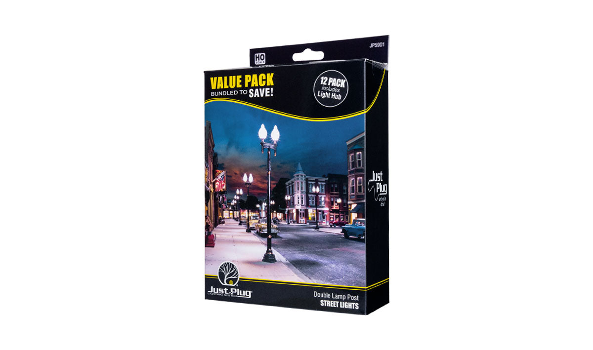 Woodland Scenics (5901) | Double Lamp Post | Just Plug Value Pack w/ Light Hub | Pkg of 12 | HO Scale