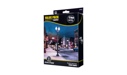Woodland Scenics (5901) | Double Lamp Post | Just Plug Value Pack w/ Light Hub | Pkg of 12 | HO Scale