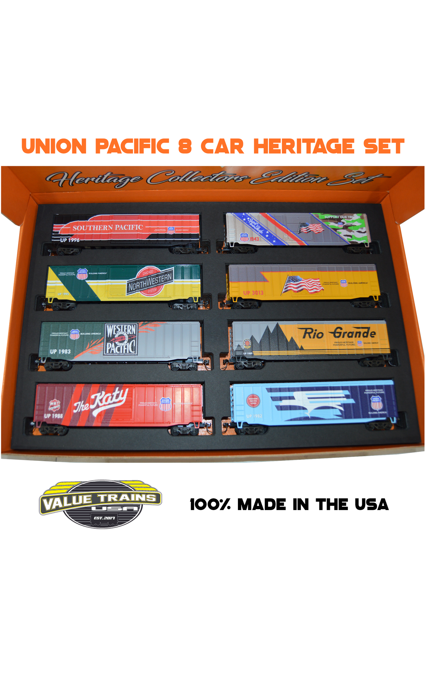 Value Trains Kadee Equipped ACF 50' 6" Boxcar Heritage Collectors Edition Set - Union Pacific - 8 Car Set - HO Scale