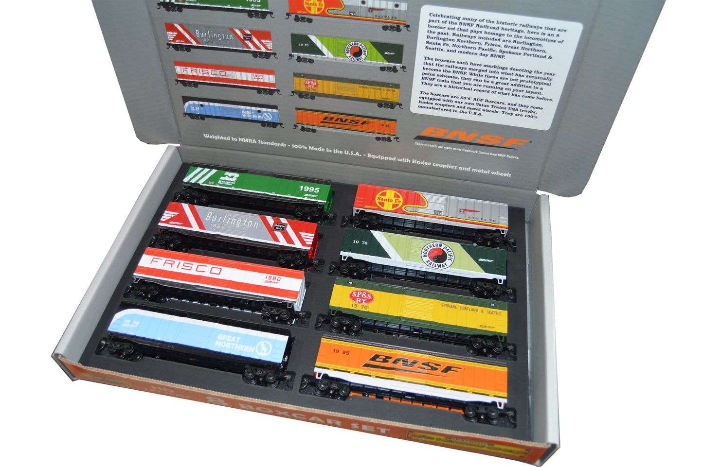 Value Trains Kadee Equipped ACF 50' 6" Boxcar Heritage Collectors Edition Set (10205) | BNSF 8 Car Heritage Set | HO Scale