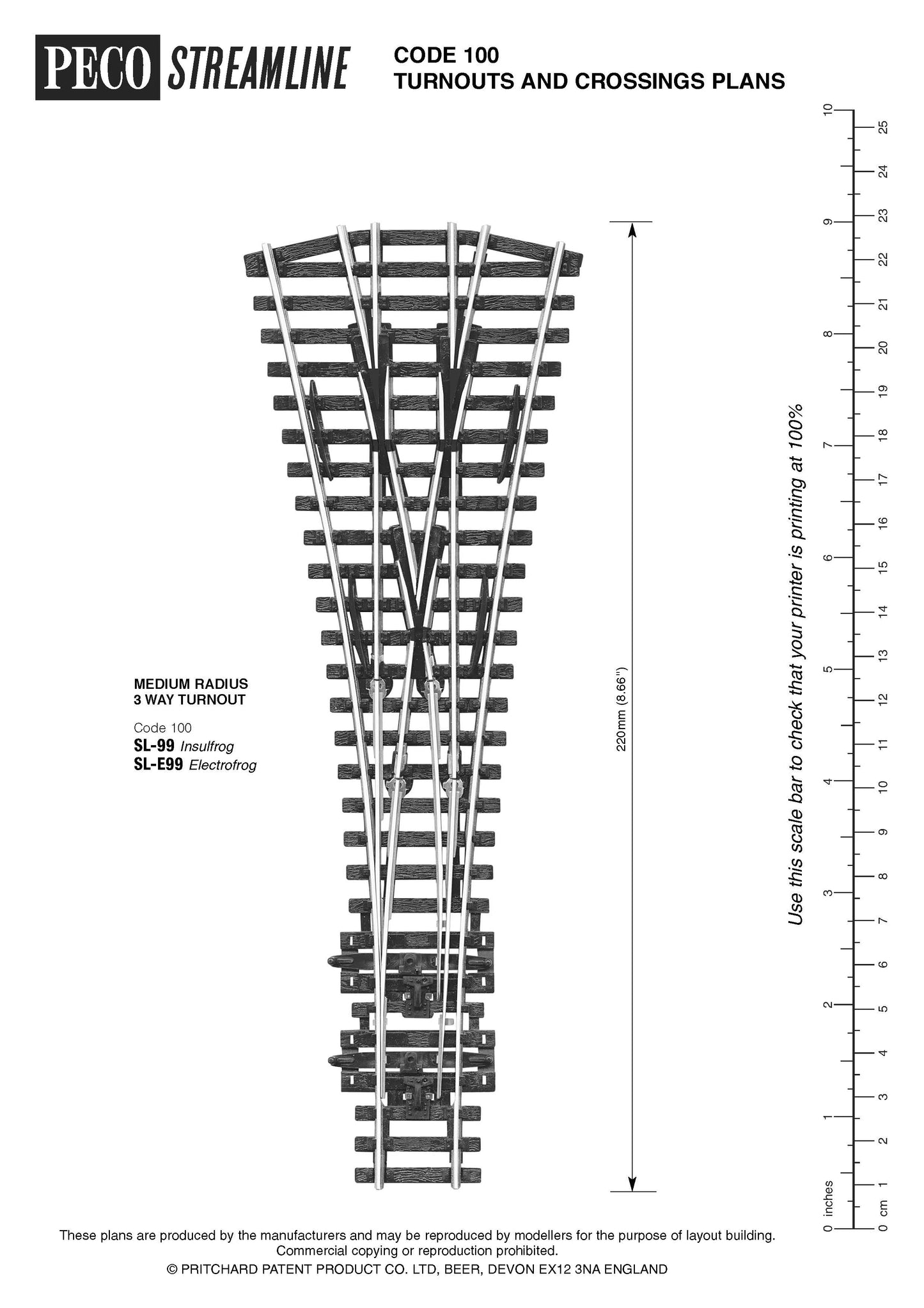 Peco (SL99) | Code 100 Medium Radius Three-Way Turnout | Streamline Left Hand | Insulfrog | HO Scale