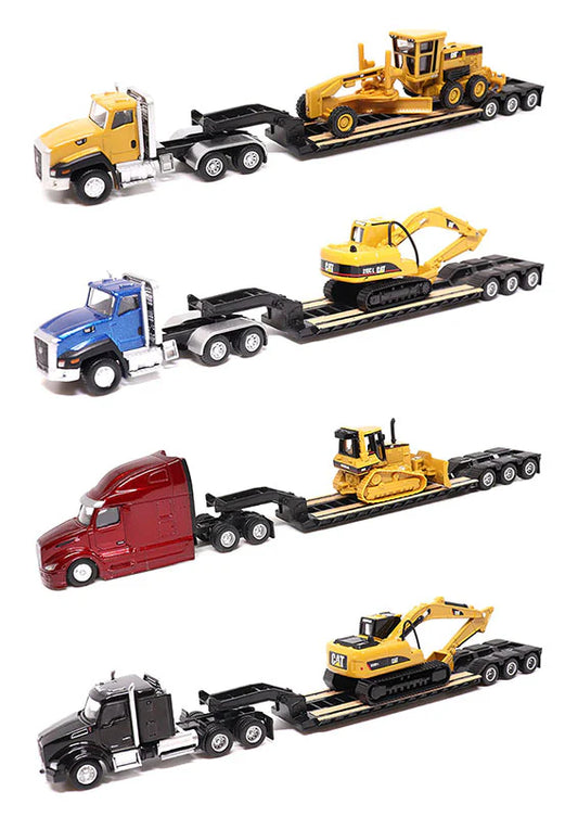 Diecast Masters (84410A) | CAT Semi Tractor w/ Lowboy Trailer and CAT Diecast Machines Assortment - Pkg of 4 | HO Scale