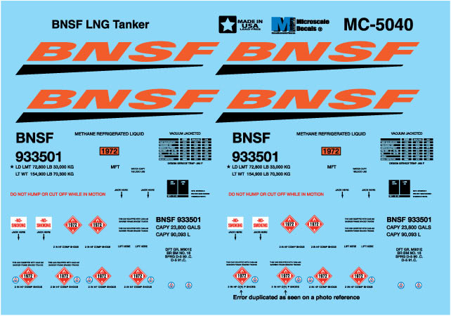 Microscale Industries MC-5040 BNSF LNG Tanker Decal Set BNSF 933501 HO Scale