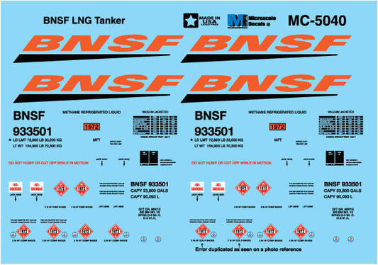 Microscale Industries MC-5040 BNSF LNG Tanker Decal Set BNSF 933501 HO Scale