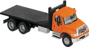 Walthers SceneMaster International(R) 7600 3-Axle Flatbed Truck, Assembled, Orange Cab/Black Flatbed, HO Scale