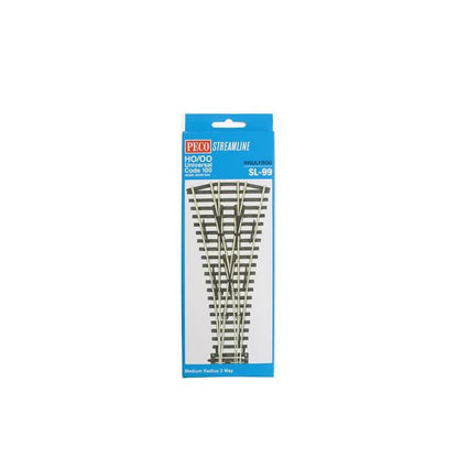 Peco (SL99) | Code 100 Medium Radius Three-Way Turnout | Streamline Left Hand | Insulfrog | HO Scale