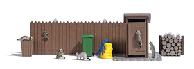 Busch Gmbh & Co Kg, Raccoons, Action Set, 5 Adult and 2 Young, Wood Fence, Wood Pile, Trash Can, Cart, Outhouse, HO Scale