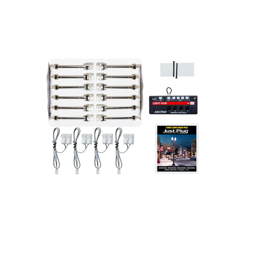 Woodland Scenics (5901) | Double Lamp Post | Just Plug Value Pack w/ Light Hub | Pkg of 12 | HO Scale